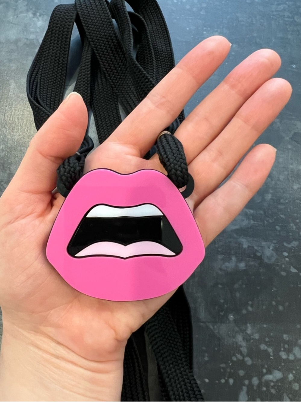 Yazbukey "C'est Ahh" Pink Lips Plexiglass Necklace. - Picture 8 of 10